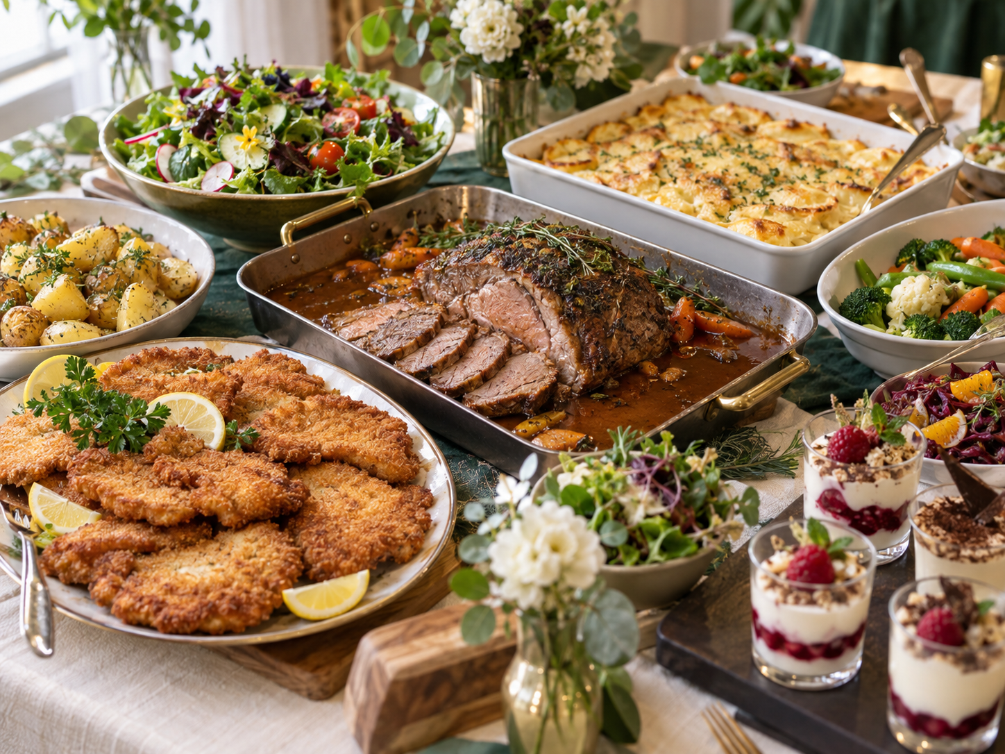 Reichhaltiges Catering-Buffet mit Braten, Schnitzel, Kartoffelbeilagen, Gemüse, Salaten und Desserts